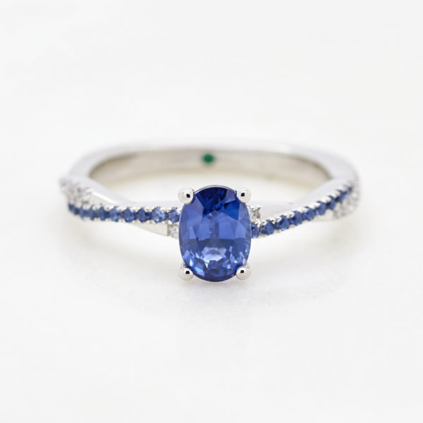 blue oval sapphire twist band diamond pave white gold engagement ring