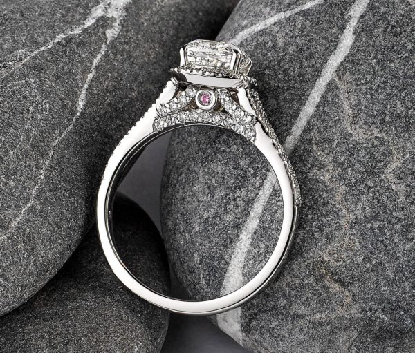 platinum pave engagement ring with hidden pink diamond